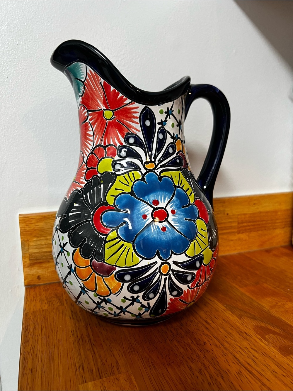 Hand-Painted Multicolor Floral Ceramic Pitcher - Blue Accent